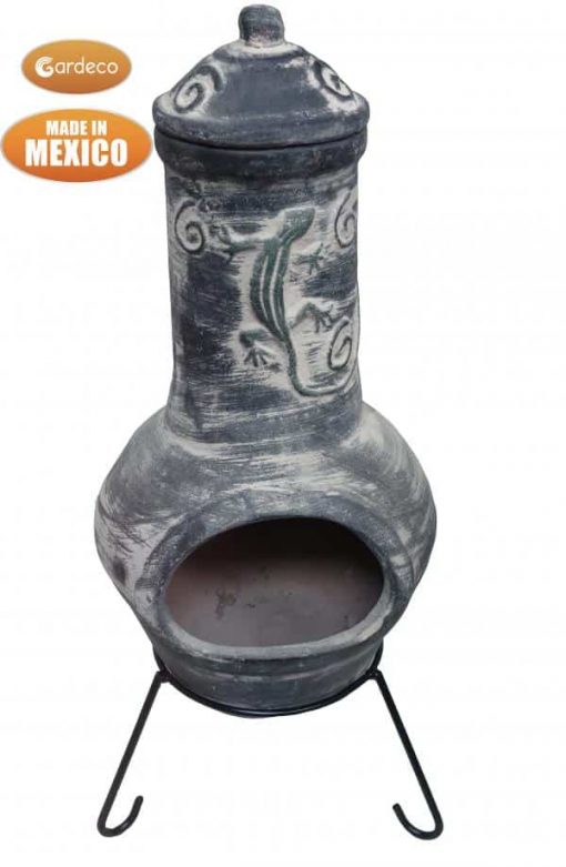 Extra-Large Iguana Mexican Chiminea in dark grey, iguana on funnel, inc stand and lid