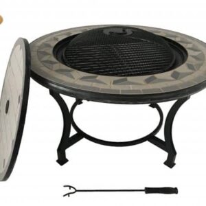 Tile Mosaic fire bowl table inc BBQ grill and matching closing lid in contemporary grey