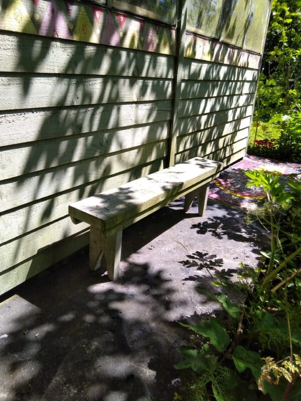 A sage green pine garden bench set behind a garden shed.