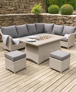 Pacific Lifestyle Stone Grey Antigua Corner Set with Polywood Top and Fire Pit