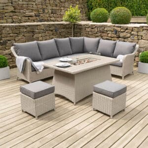 Pacific Lifestyle Stone Grey Antigua Corner Set with Polywood Top and Fire Pit