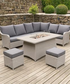 Pacific Lifestyle Stone Grey Antigua Corner Set with Polywood Top and Fire Pit