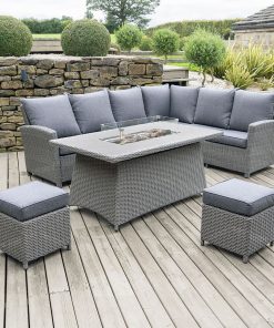 Pacific Lifestyle Slate Grey Barbados Corner Set Long Left with Ceramic Top and Fire Pit